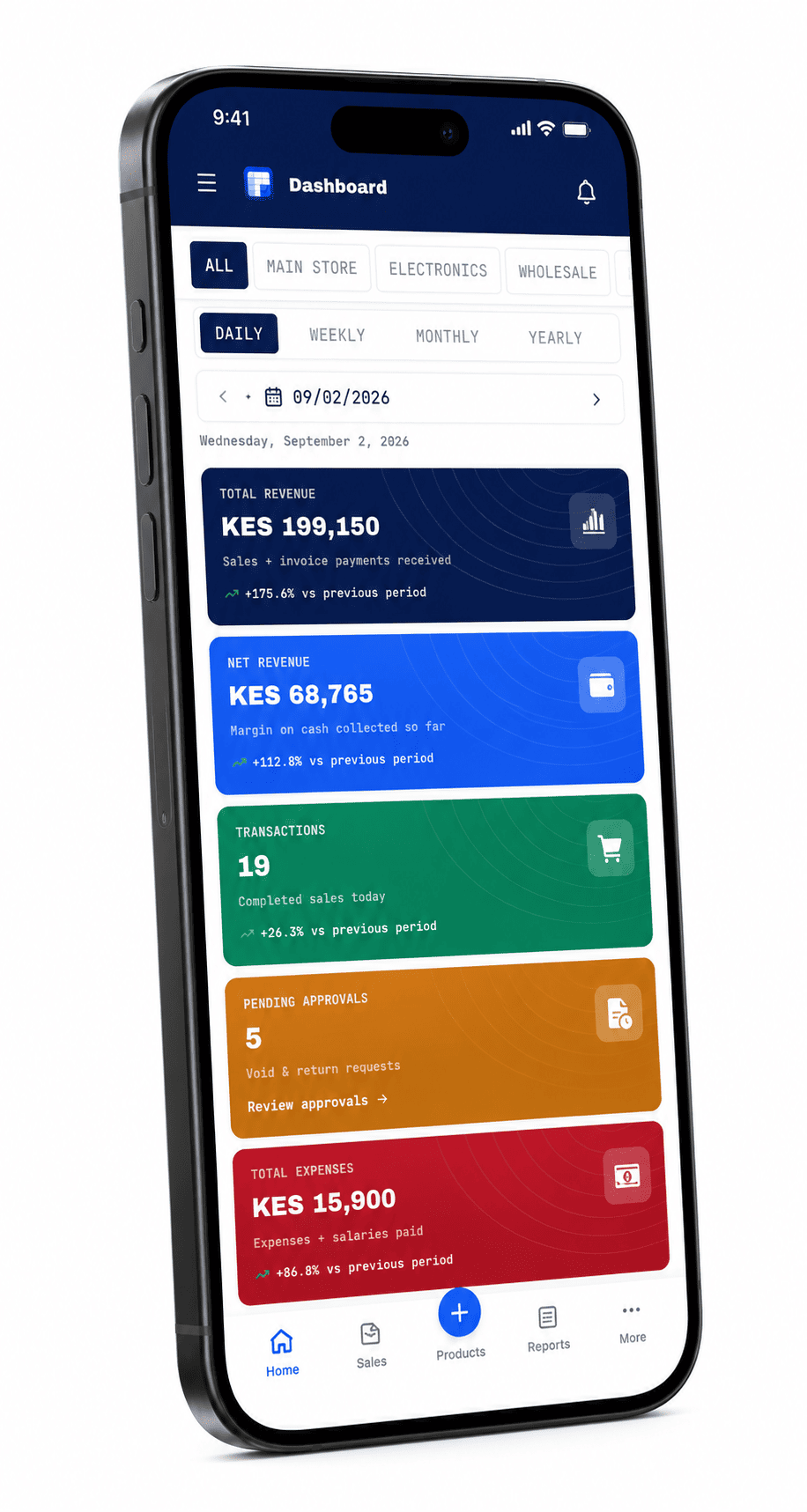 Blue Ledger mobile app — live shop dashboard and mobile point of sale running on a phone