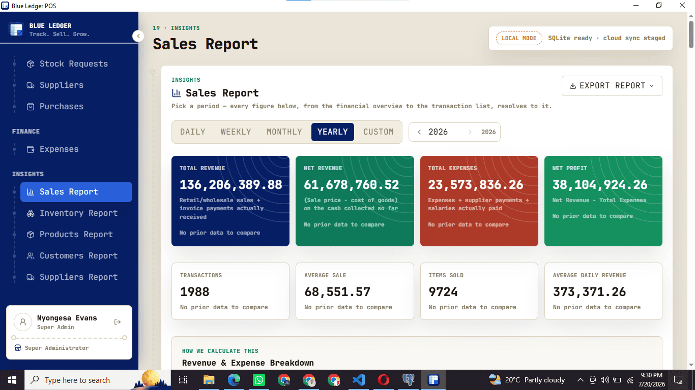 Blue Ledger sales report — daily, weekly, monthly and yearly analytics