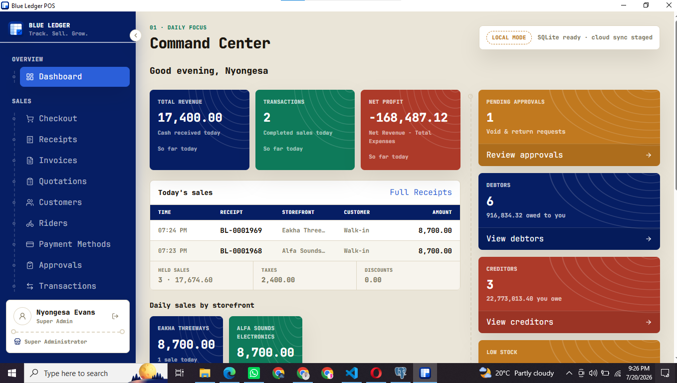 Blue Ledger POS dashboard — Command Center with today's sales, checkout and cloud sync status