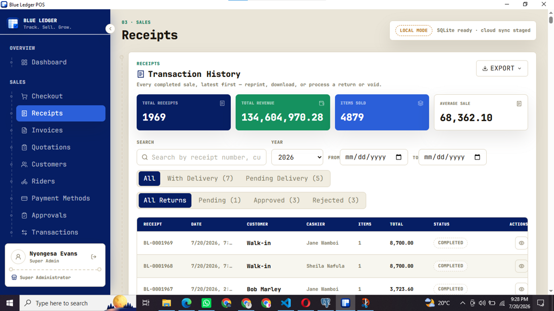 Blue Ledger receipts screen — searchable transaction history with statuses