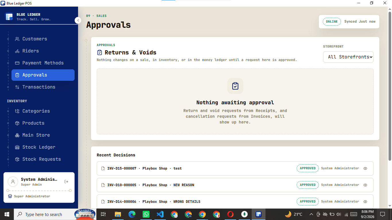 Blue Ledger approvals screen — a cashier's return request awaiting manager sign-off