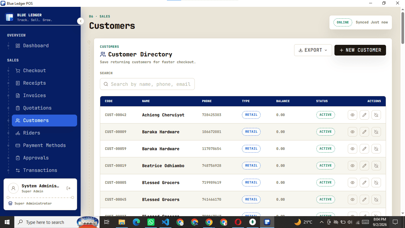 Blue Ledger customer records — purchase history, statements and outstanding balances