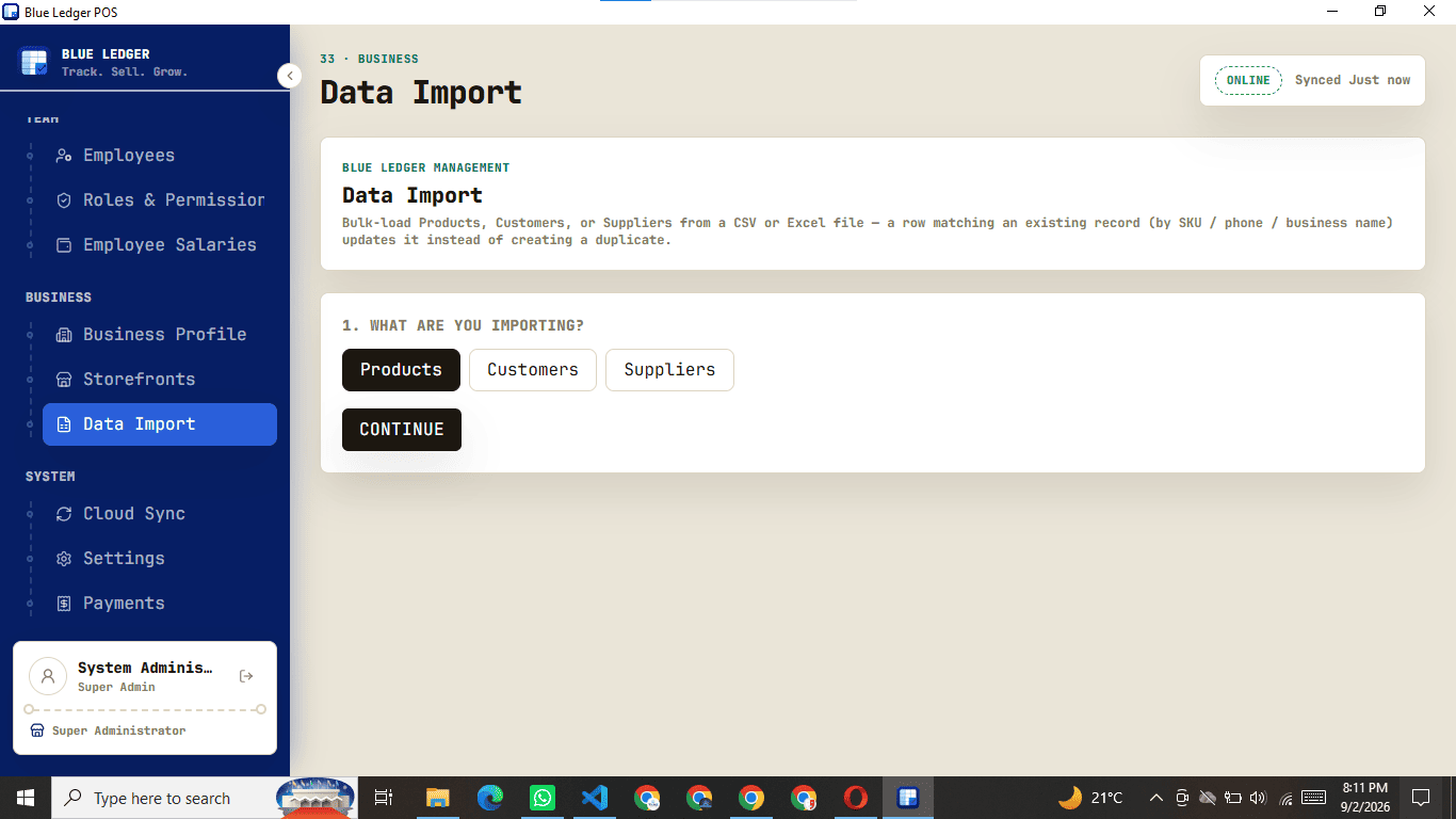 Blue Ledger data import — bringing products, customers and suppliers in from CSV or Excel