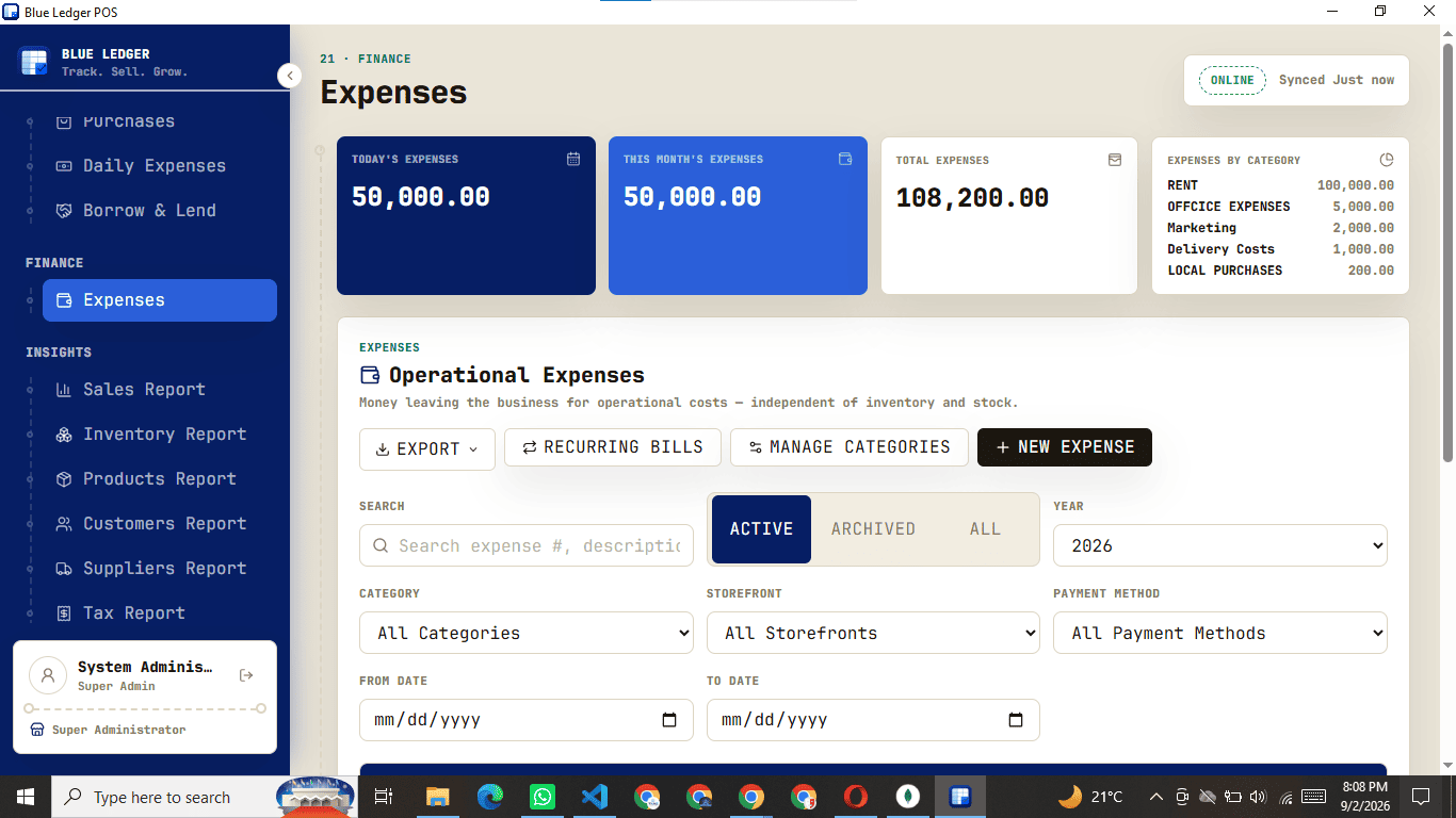 Blue Ledger expenses and salary management screen