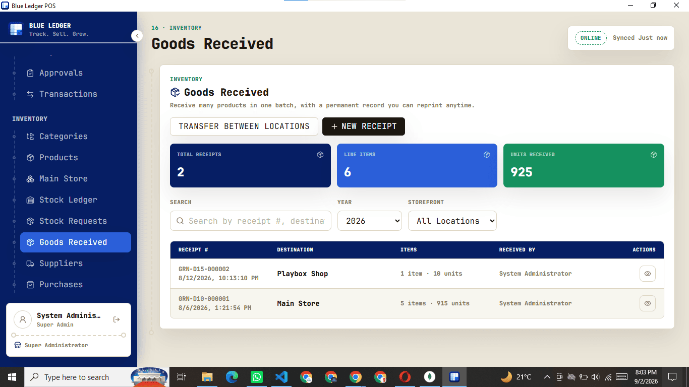 Blue Ledger goods received screen — logging a supplier delivery into the main store