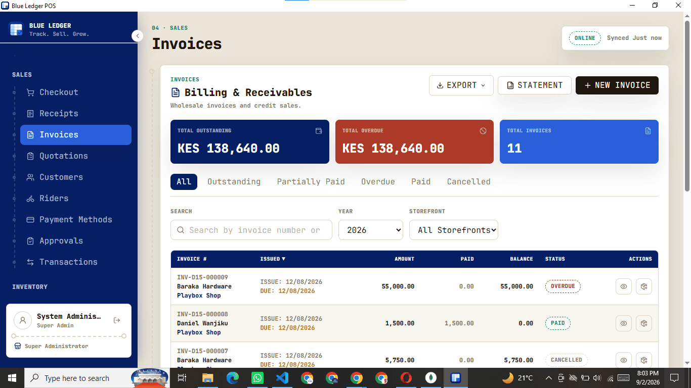 Blue Ledger invoices and quotations screen — create, share and track credit sales